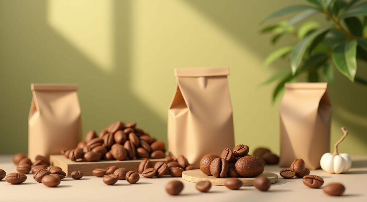 Frische Kaffeebohnen und nachhaltige Verpackungsbeutel in freundlicher Stimmung
