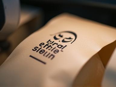 Nahaufnahme: Logo wird auf Kaffeebeutel gedruckt